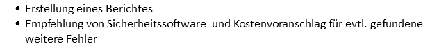 Erstellung eines Berichtes Empfehlung von Sicherheitssoftware und Kostenvoranschlag für evtl. gefundene weitere Fehler 